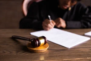 A judge gavel resting on court documents, illustrating the Trump University class action settlement