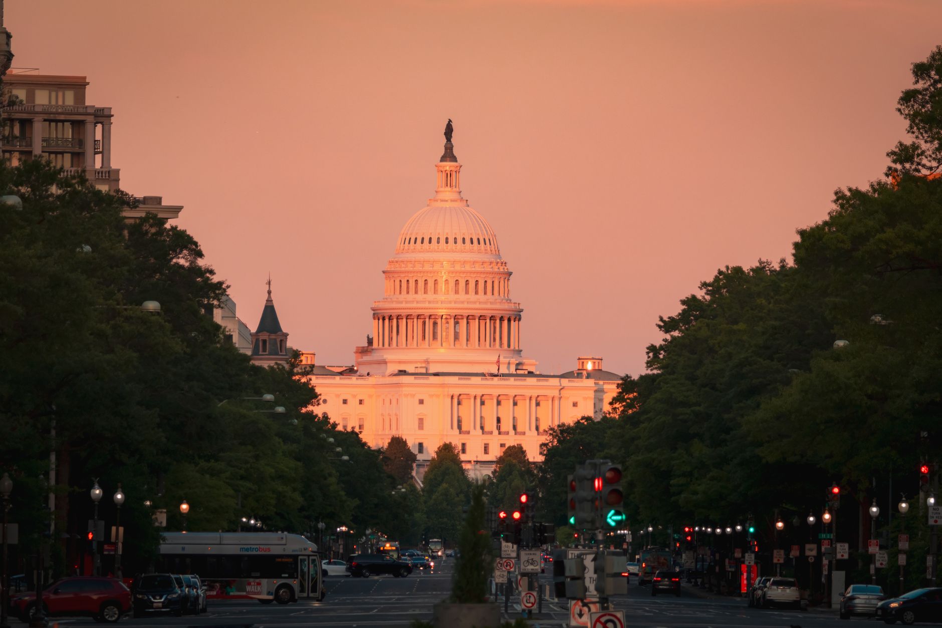 Stunning view of the US Capitol in Washington DC during a beautiful sunset.