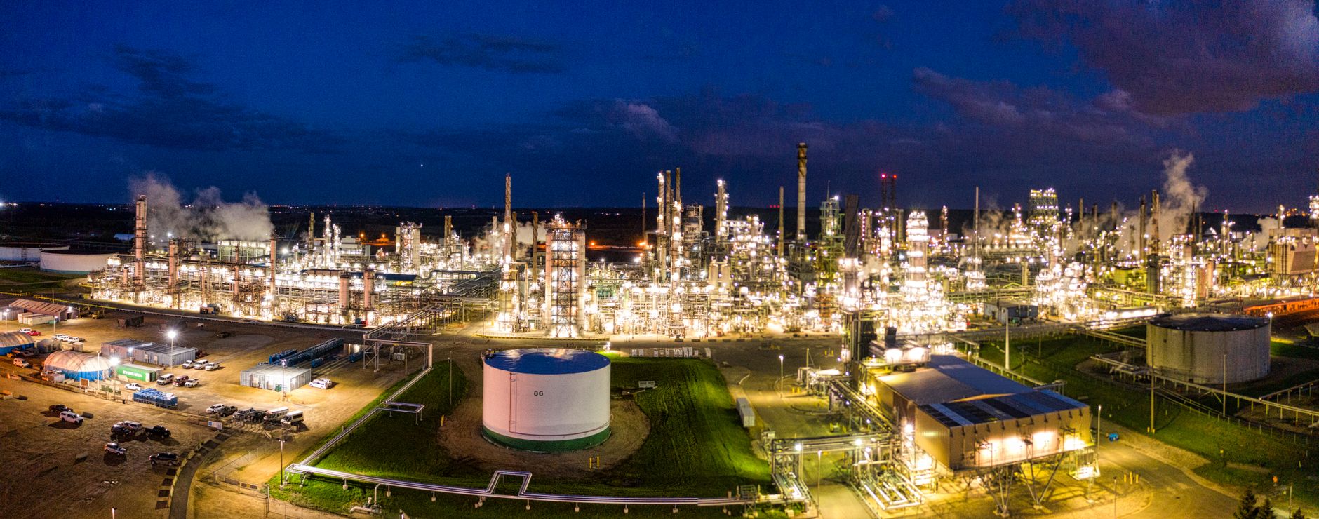 Oil refinery lit up at night